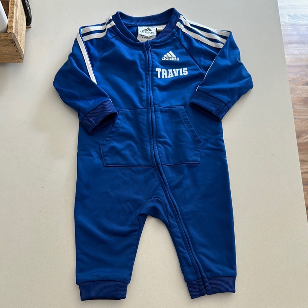 Adidas Blue Footies One Piece with Classic Stripes- monogram name TRAVIS